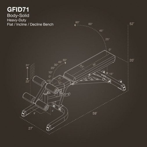 Усиленная силовая скамья Body-Solid GFID-71B (черная) с регулируемым углом наклона для пресса, упражнений со штангой и гантелями